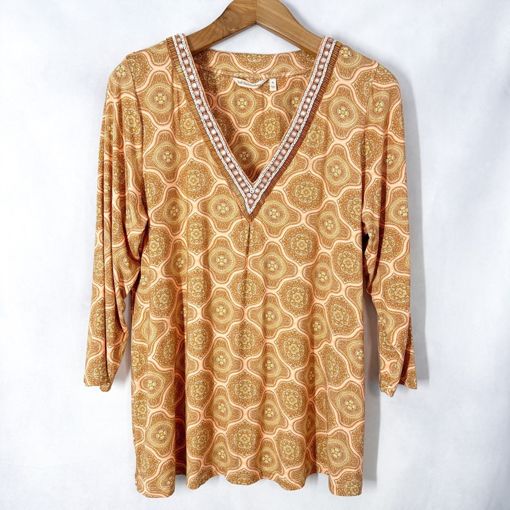 Soft Surroundings Beaded V-Neck 3/4 Sleeve Geometric Orange‎ Top Women's Size XL